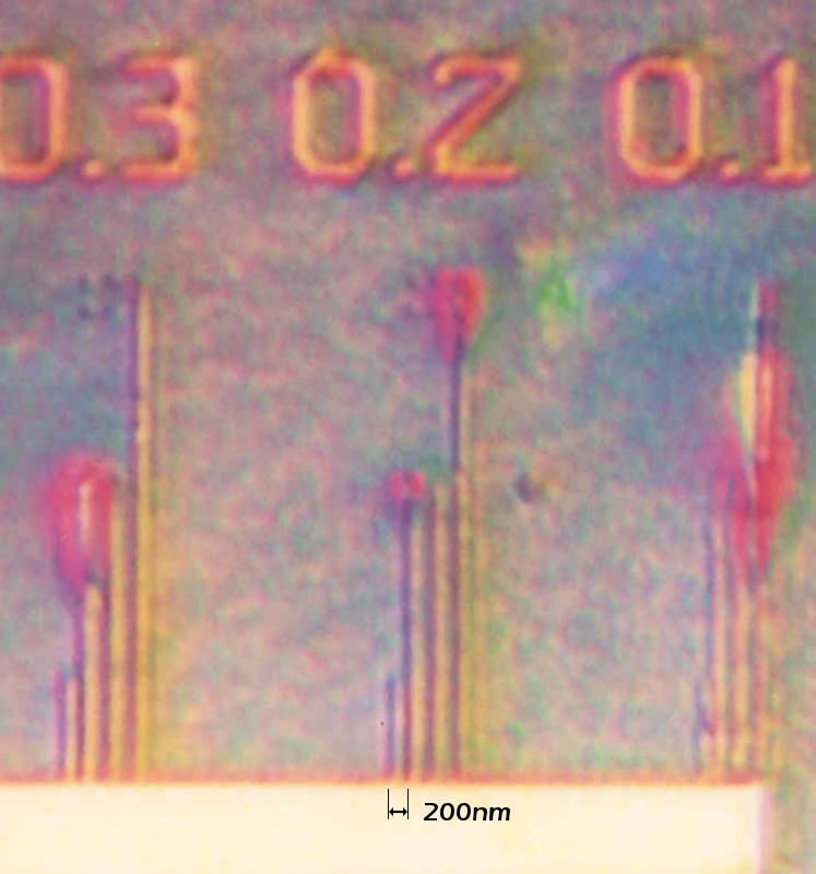The resolution of the test chip shows sharp images at 300 nm / 200 nm, and detectable at 100 nm.